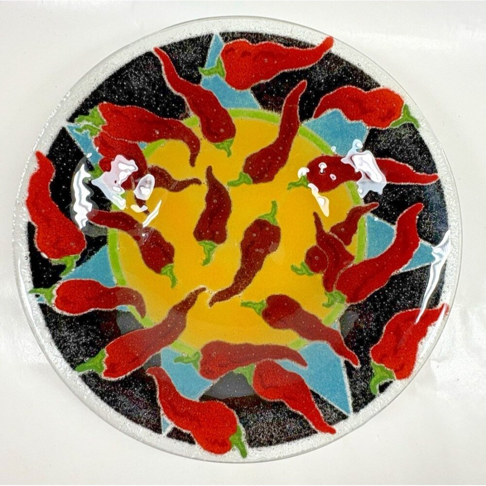 Peggy Karr Fused Glass Red Hot Chili Pepper Bowl Black Yellow 8.5 In Signed